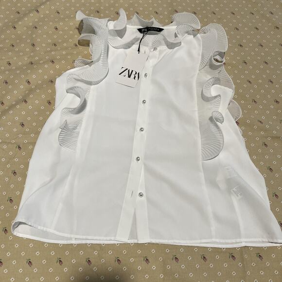 Zara Blouse NWT Womens Large White Ruffle Sleeveless Pleated Sheer 1971/035/251 - Picture 1 of 8